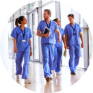 four medical workers walking
