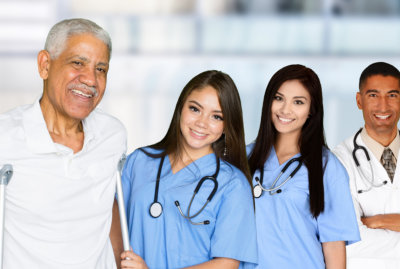 medical team of doctor and nurses with senior patient